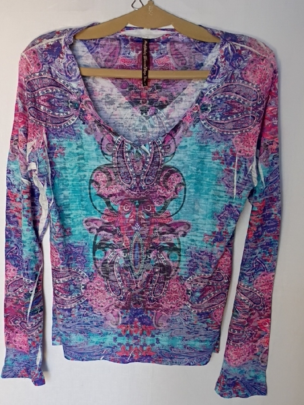 Mushka By Siena Rose Boho Paisley V-Neck Long Sleeve Top - Pink, Turquoise Sz L - Picture 2 of 6